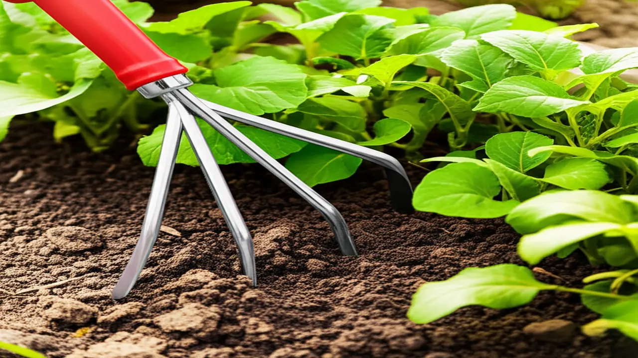 Adjustable hand cultivator tool being used in garden soil for aeration and weeding