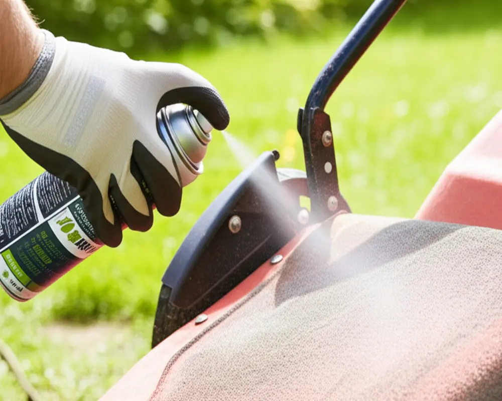 Applying anti-rust spray on lawn mower deck to prevent corrosion