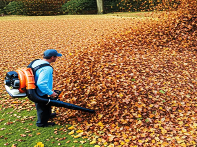A person comfortably wearing a backpack blower, efficiently clearing a wide expanse of leaves on a large lawn, highlighting ergonomic benefits and power.