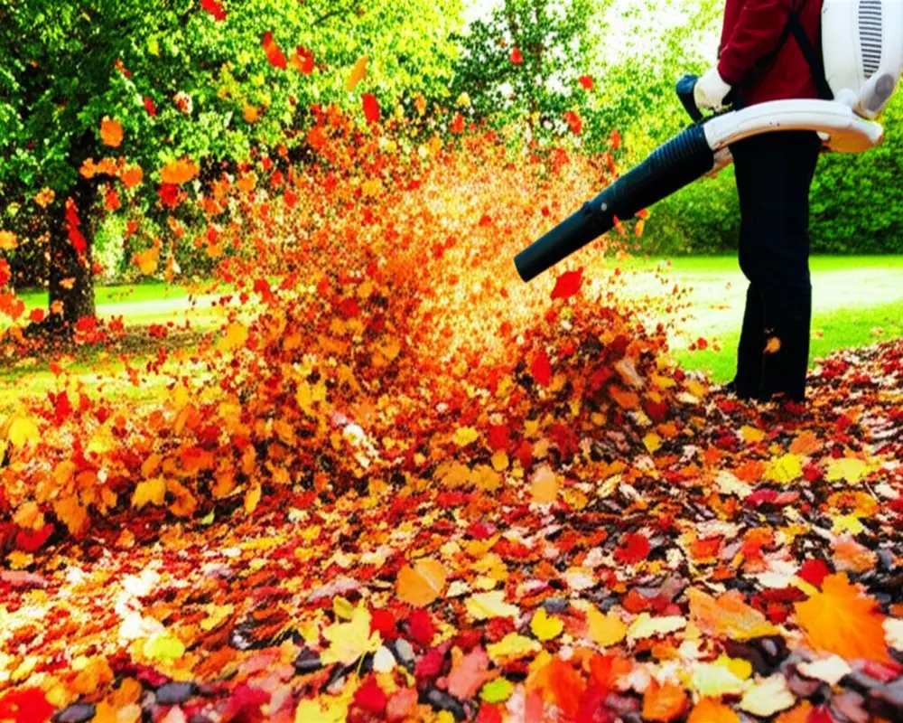 Backpack leaf blower in use to clear garden leaves