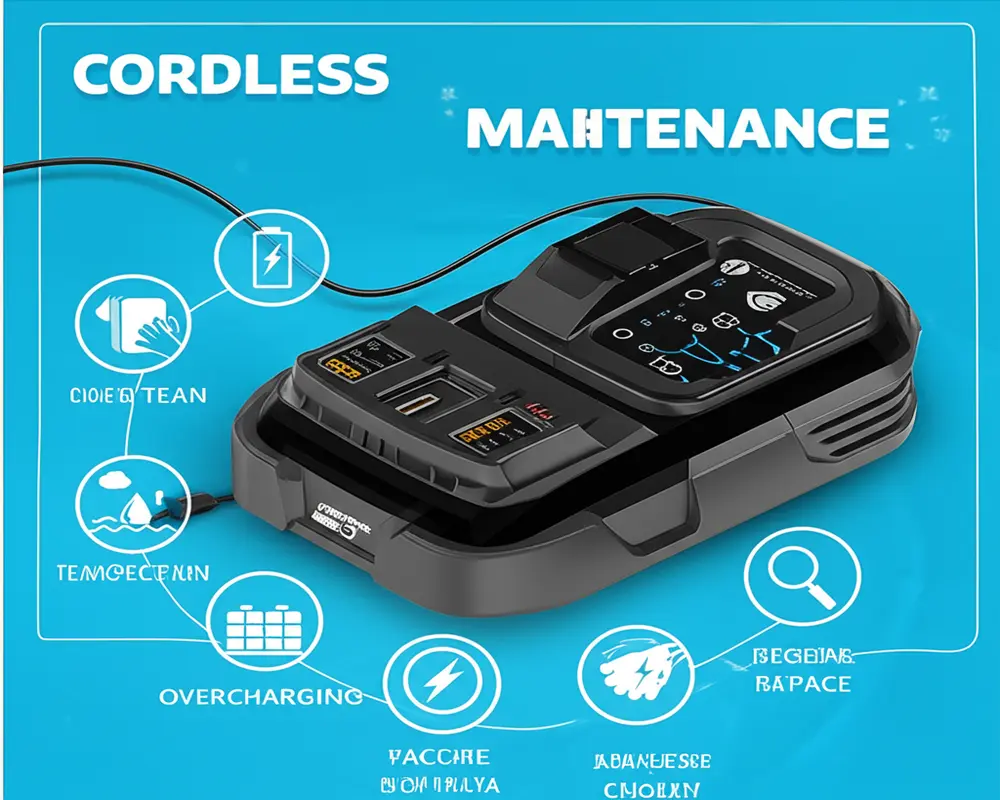 Cordless lawn mower battery being charged with proper maintenance tips shown