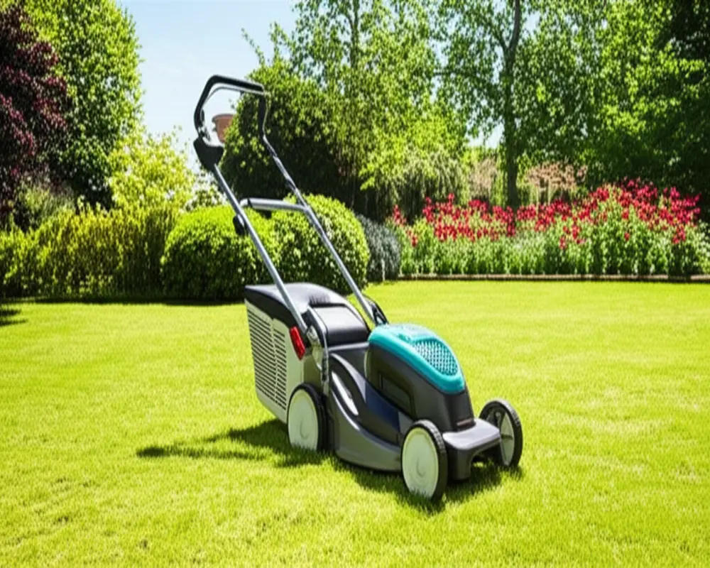 Battery-powered eco lawn mower cutting grass