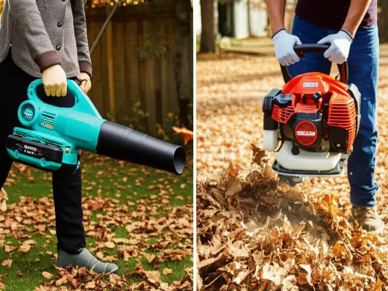 A side-by-side comparison of a green battery-powered leaf blower and a red gas-powered leaf blower, highlighting their size difference and design.