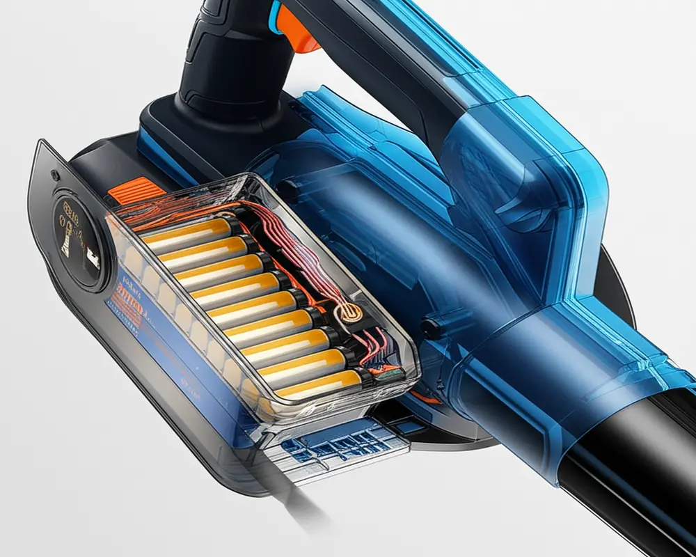 Battery system of a cordless leaf blower showing lithium-ion battery pack