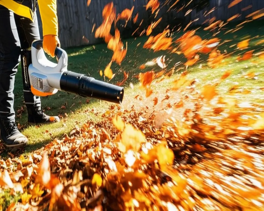 Battery leaf blower in action clearing dry leaves