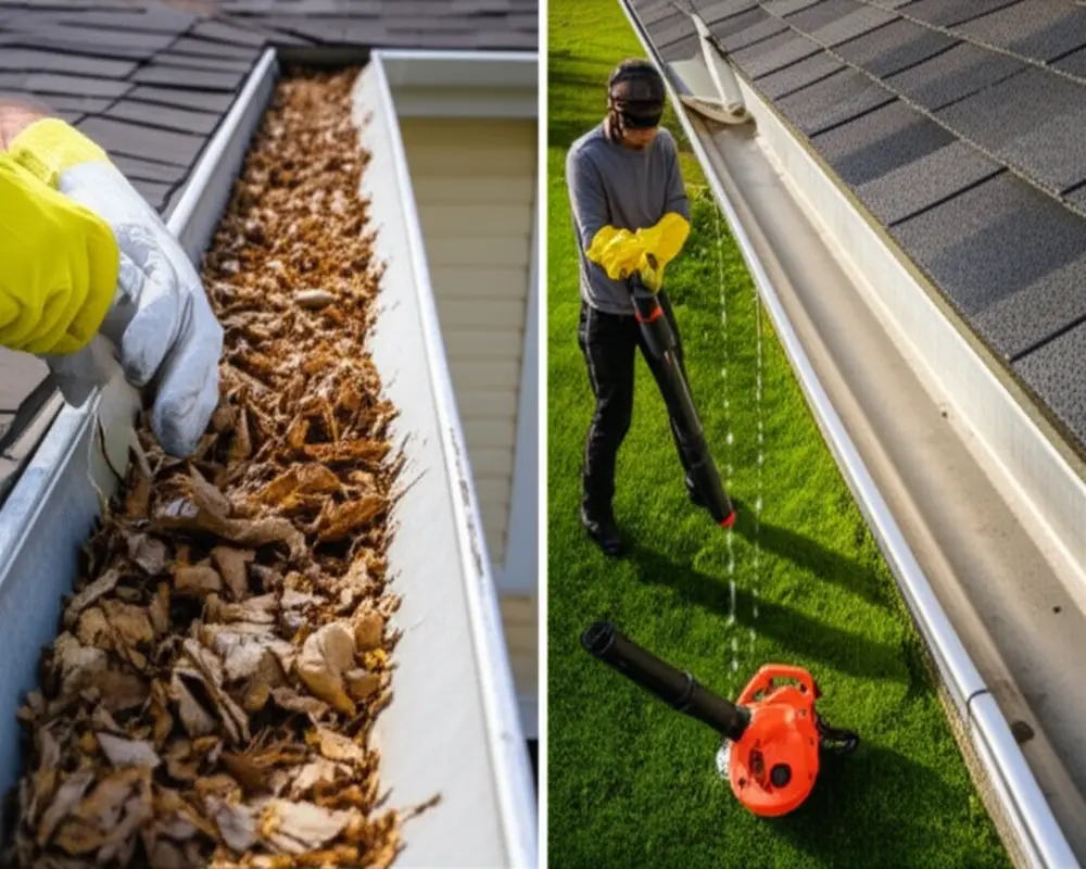 Before and after gutter cleaning using a leaf blower showing clear downspouts
