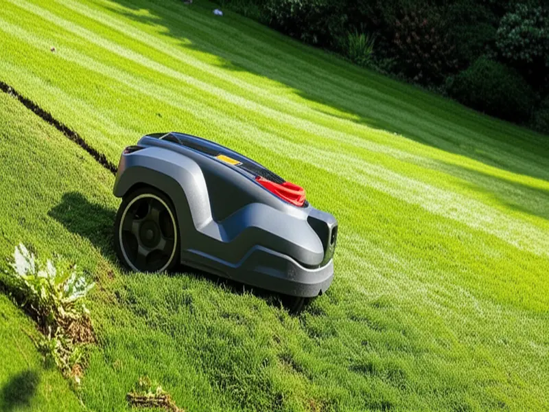 A robotic lawn mower skillfully navigating a gently sloping, lush green lawn, demonstrating its ability to handle uneven terrain with ease.