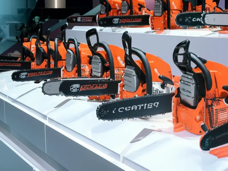 A powerful gas chainsaw in action, cutting a large log in a garden setting, highlighting its robust design and user-friendliness
