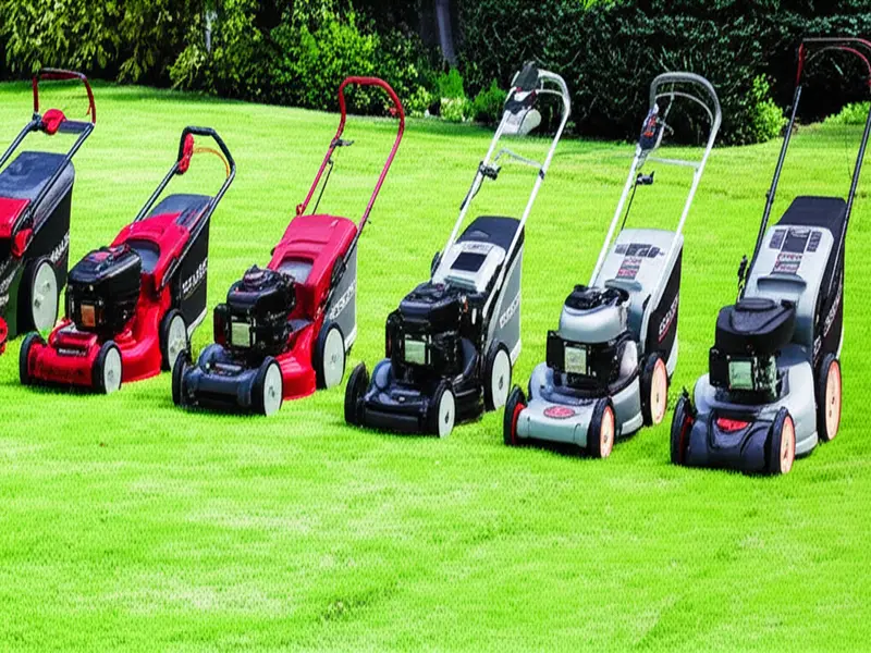 A powerful mulching lawn mower in action, leaving behind finely cut grass clippings on a lush green lawn.