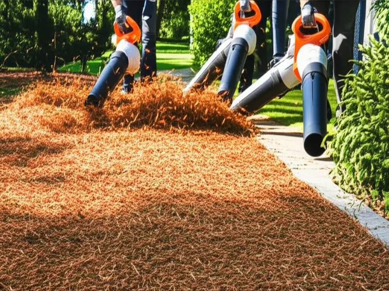A powerful leaf blower efficiently clearing a dense layer of pine needles from a garden path.