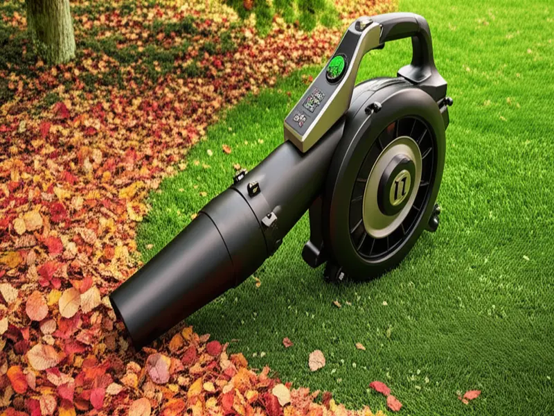 A gardener using a leaf blower vacuum mulcher to clear a yard
