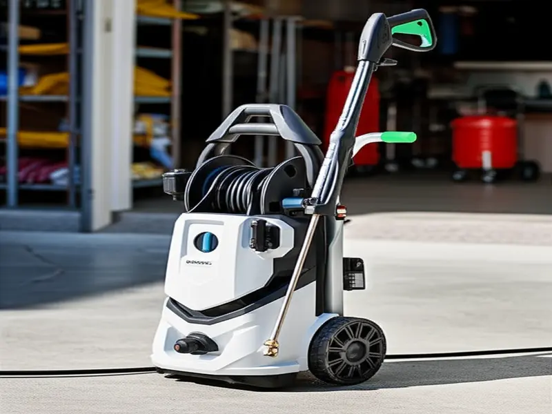 A person using a portable pressure washer to clean a patio