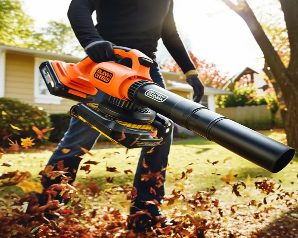 Black+Decker leaf blower in outdoor use showing model design and features