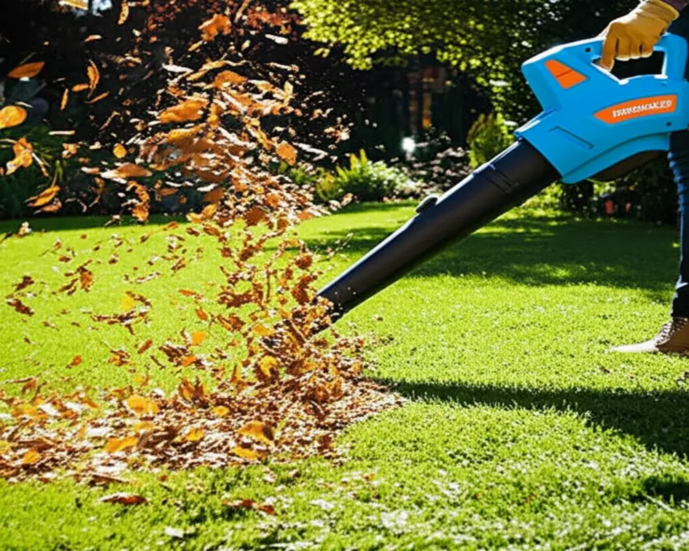 Leaf blower vacuum combo in action clearing a yard