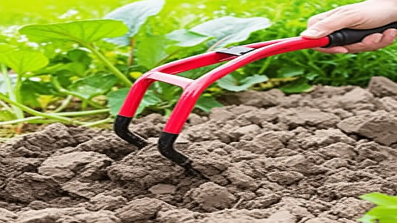 Using hand cultivator to break up heavy clay soil surface