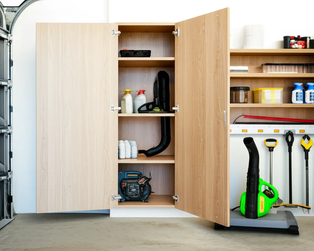 Leaf blower neatly stored inside a tall utility cabinet indoors