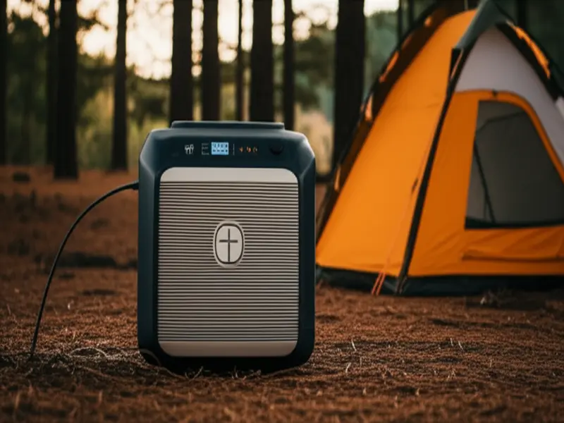 Modern quiet inverter generator powering camping equipment