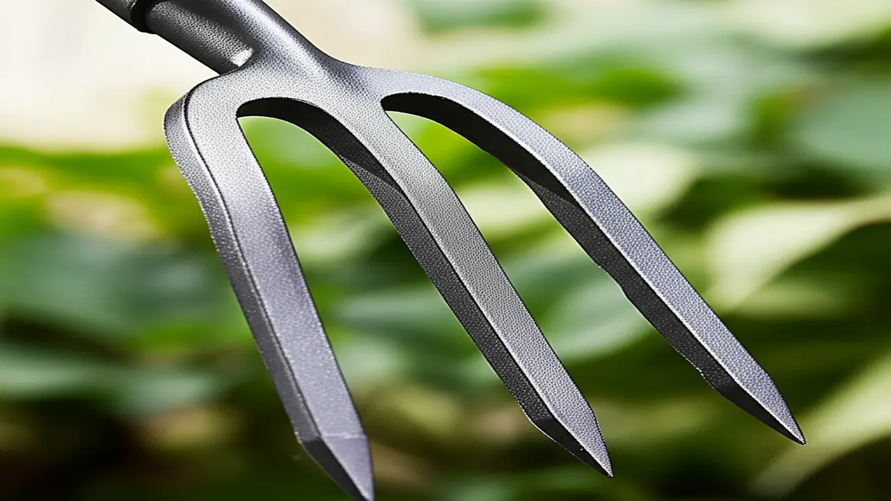 Close-up view of a carbon steel garden fork showing tines and head durability