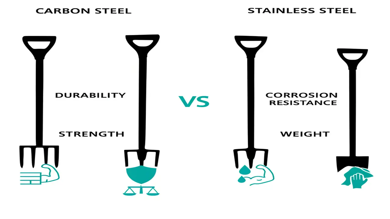 Comparison chart between carbon steel and stainless steel garden forks highlighting performance and maintenance