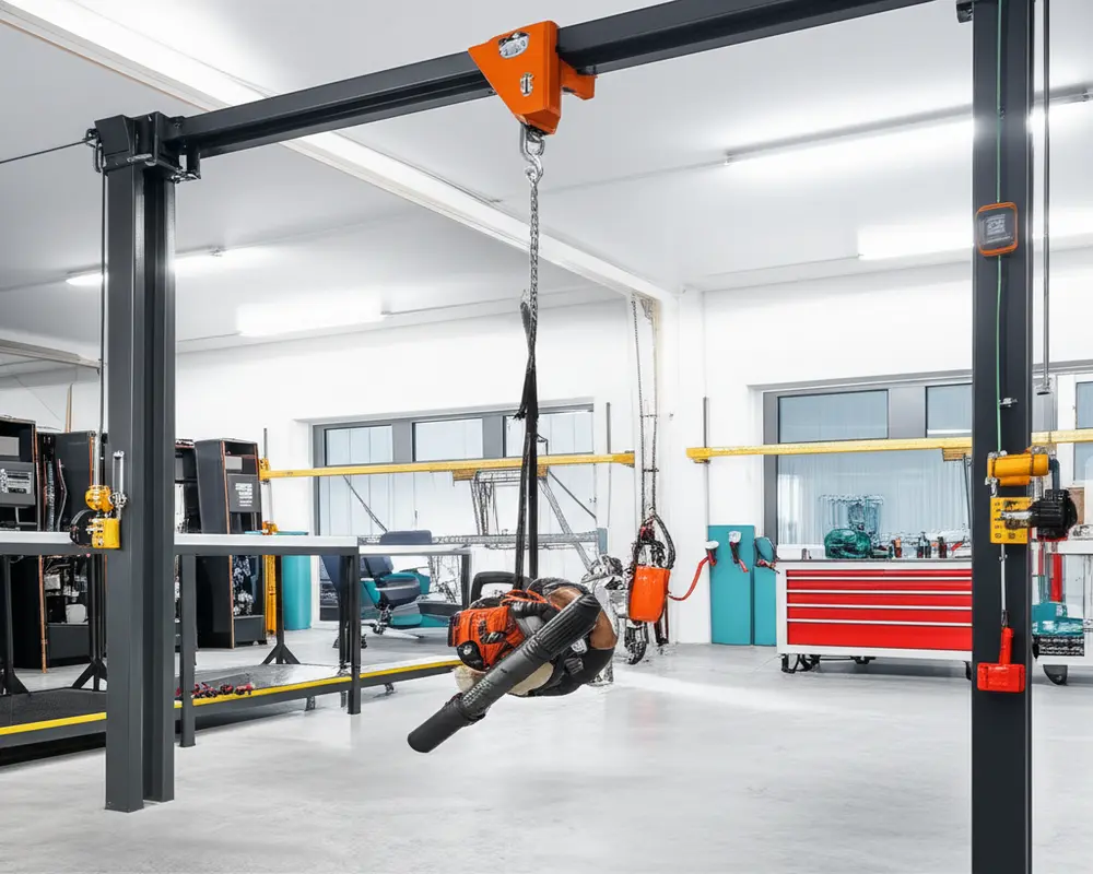 Ceiling hoist system safely suspending a backpack leaf blower indoors