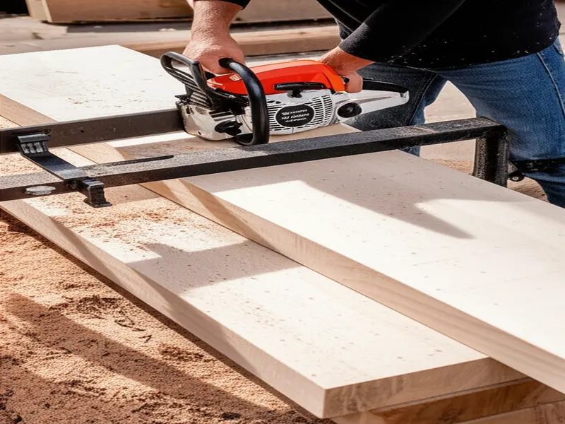 A person operating a chainsaw mill on a large log, demonstrating the process of converting timber into lumber.