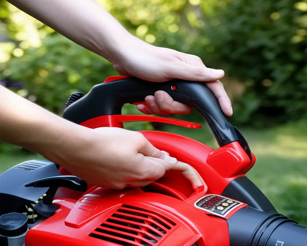 User inspecting a leaf blower for damage and safe operation before use