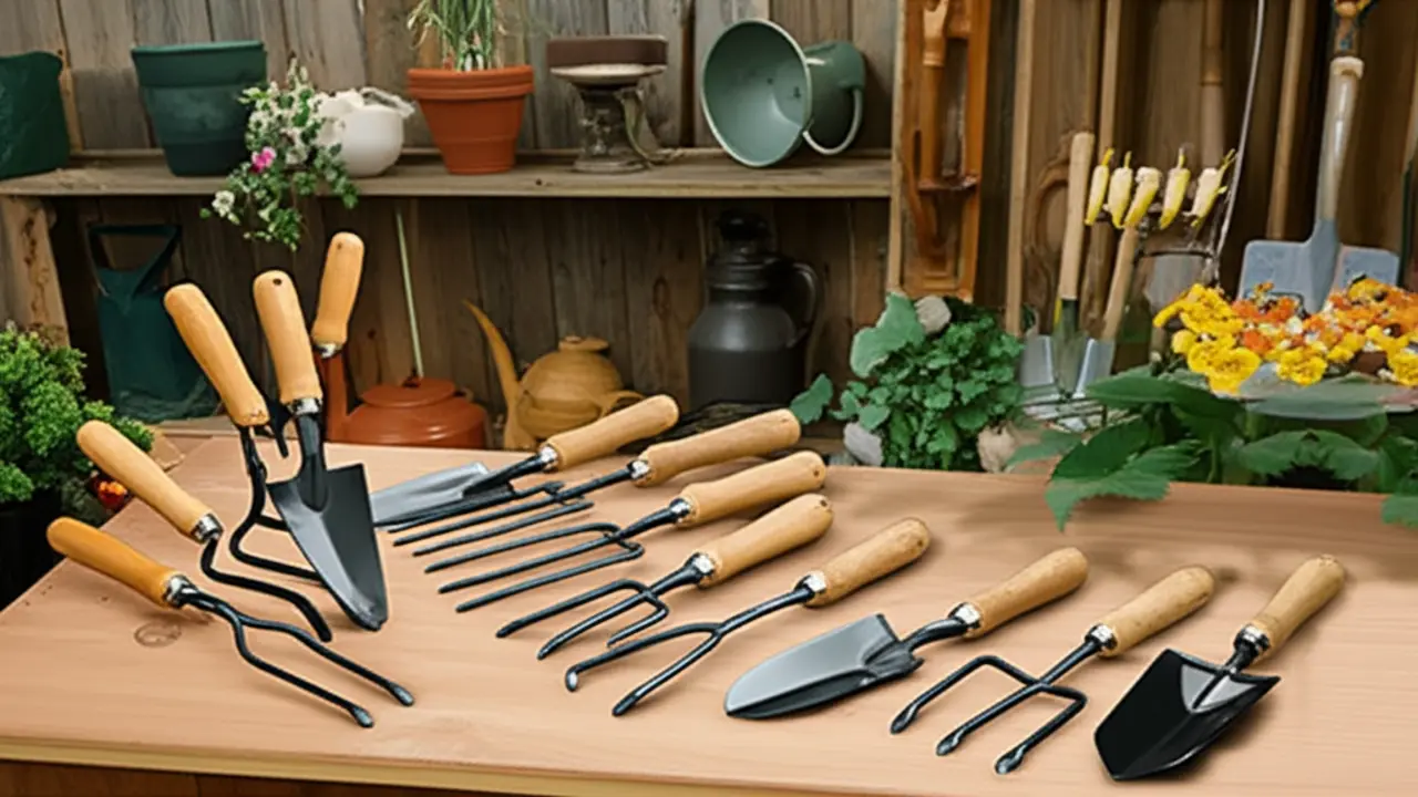 Various types of hand cultivators suitable for vegetable gardens displayed on table