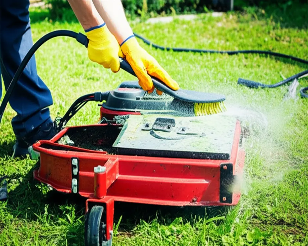 Cleaning mower deck to prevent grass buildup in summer