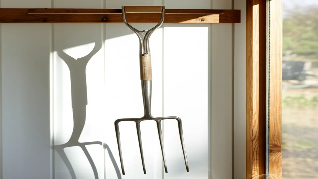 Cleaned garden fork drying before storage emphasizing tool maintenance for garden fork storage