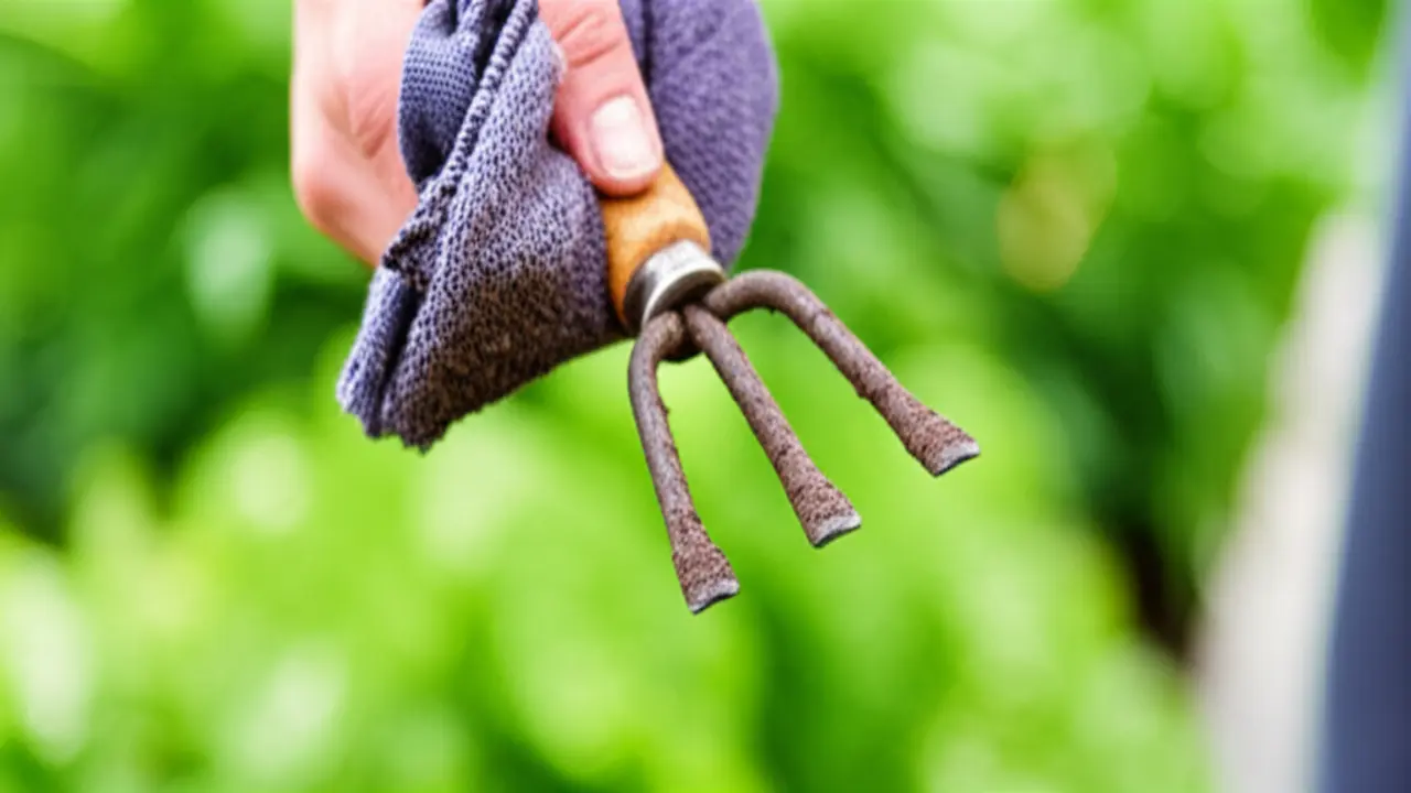Gardener wiping soil off hand cultivator for maintenance