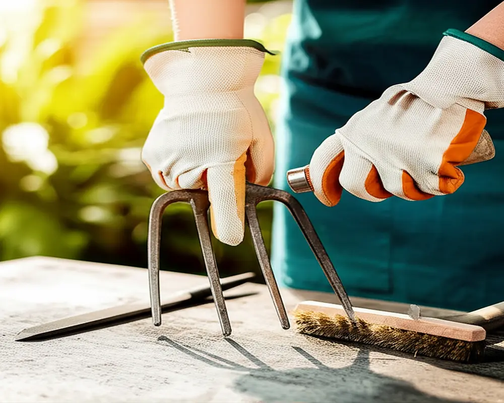 Cleaning and sharpening garden fork tines for maintenance