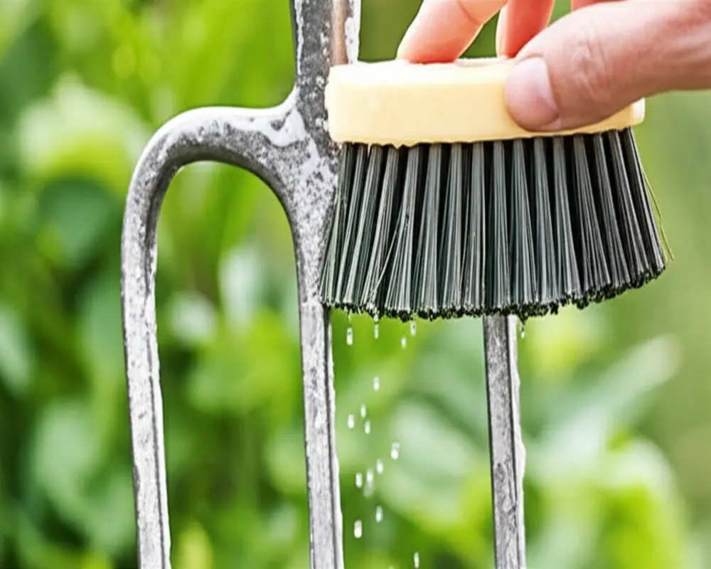 Cleaning Your Garden Fork to Prevent Rust Garden fork cleaning with brush and soap to prevent rust