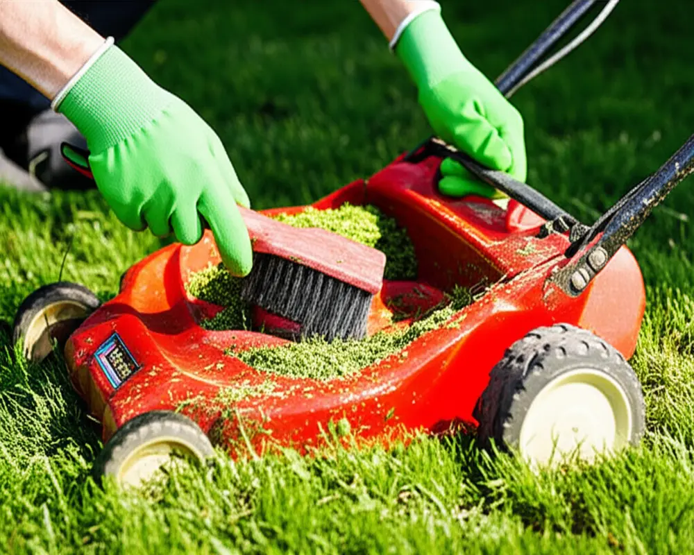 Cleaning grass clippings and debris under lawn mower deck Cleaning grass clippings and debris under lawn mower deck