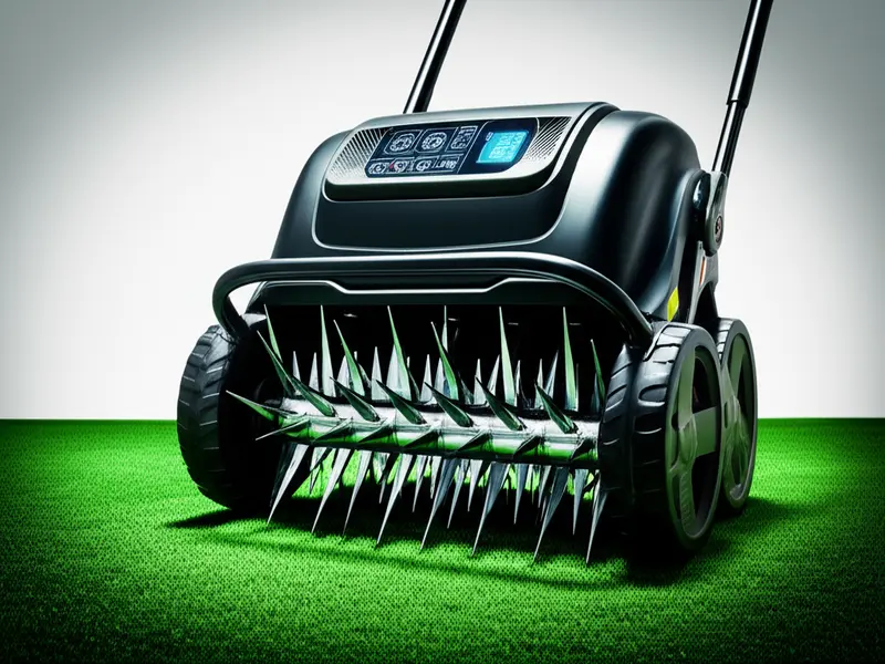 Modern combo dethatcher and aerator in action Modern combo dethatcher and aerator in action