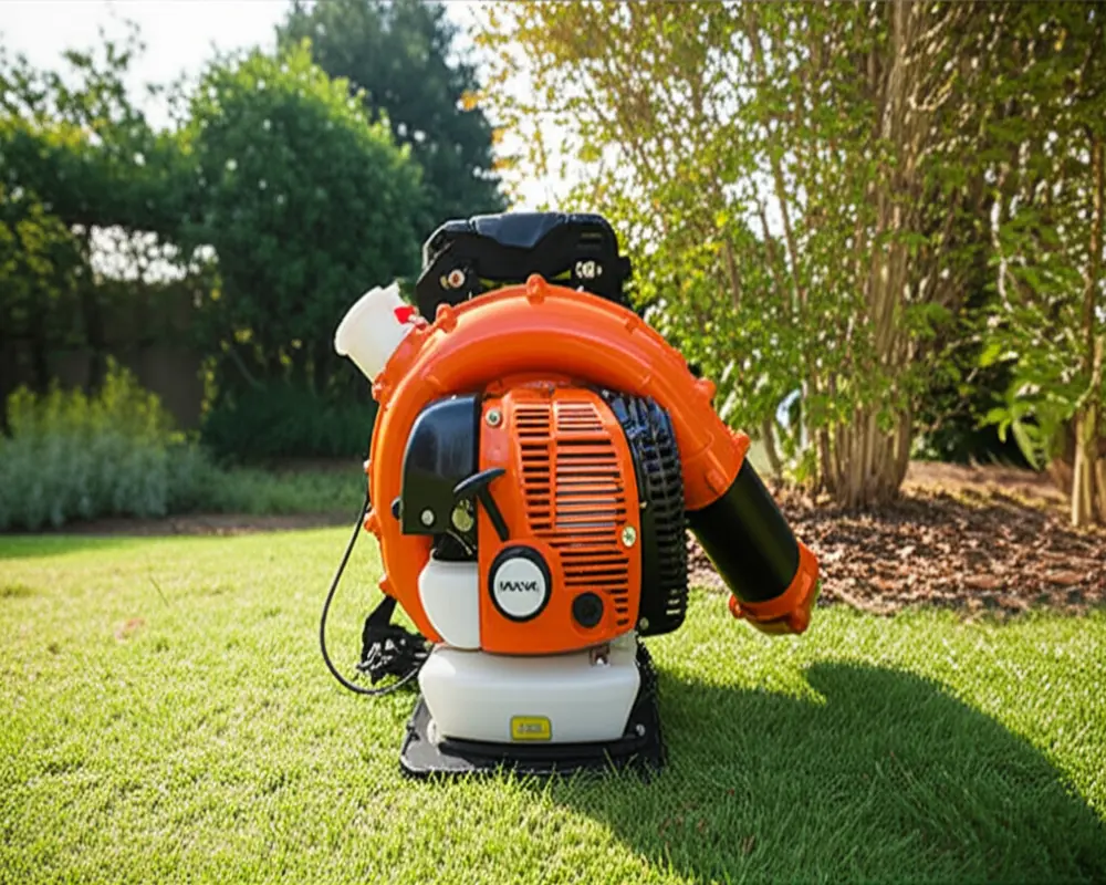 Commercial backpack leaf blower used in landscaping with high power