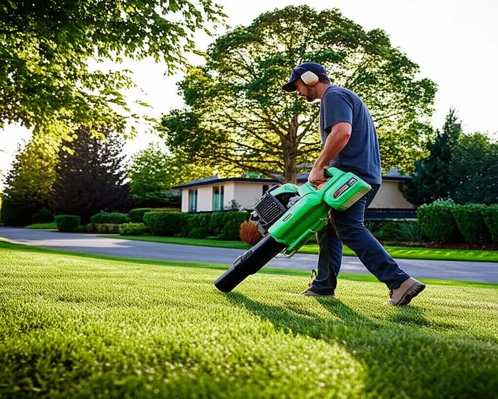 Battery-powered commercial leaf blower in use at noise-sensitive environment