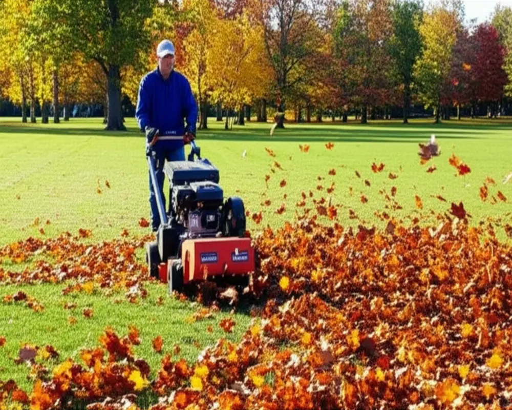 Walk-behind commercial leaf blower clearing a large park area