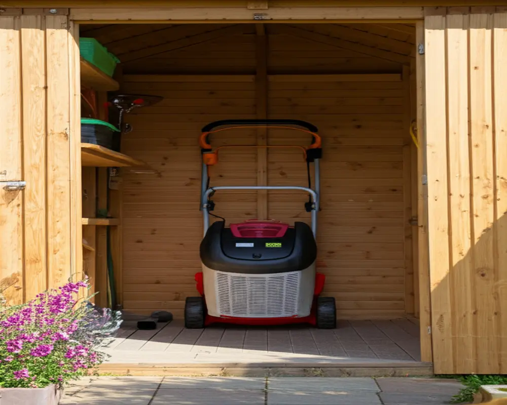 Compact lawn mower stored vertically in a small shed
