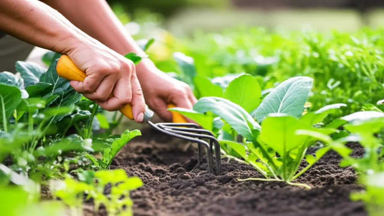 Hand cultivator being used carefully among companion-planted vegetables