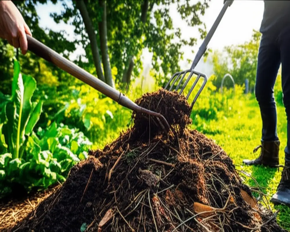 Using a garden fork to turn and aerate compost pile effectively
