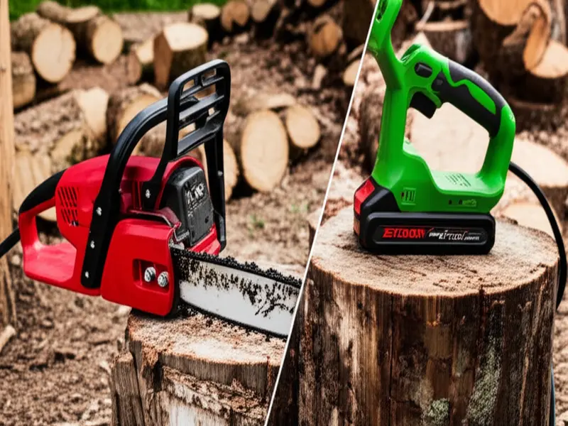 A side-by-side comparison of a green corded electric chainsaw and a black cordless electric chainsaw, illustrating their fundamental differences in design.
