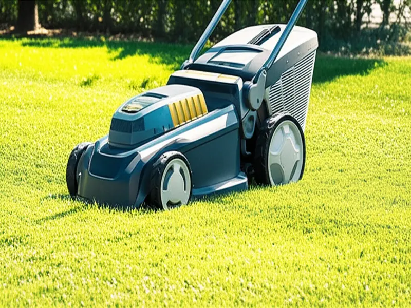 A compact cordless lawn mower ideal for small yards, featuring a lightweight design and folding handle