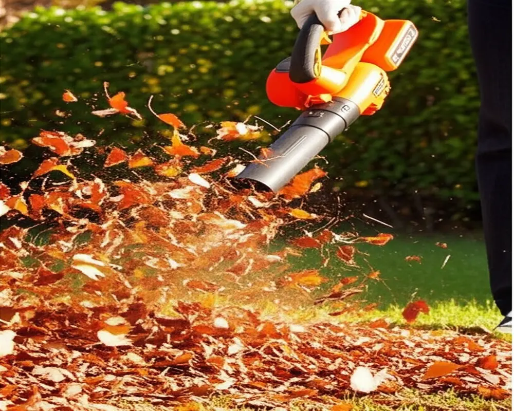 Cordless leaf blower in action clearing dry leaves