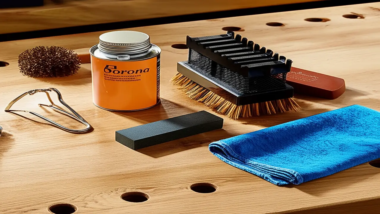 Maintenance tools for Corona hand cultivator including cleaning and sharpening equipment