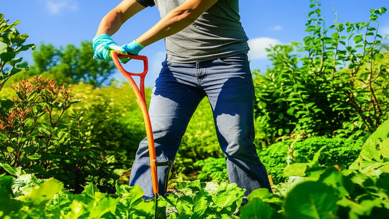 During Use: Proper Techniques & Ergonomics for Injury Prevention Gardener demonstrating correct ergonomic posture while using hand cultivator