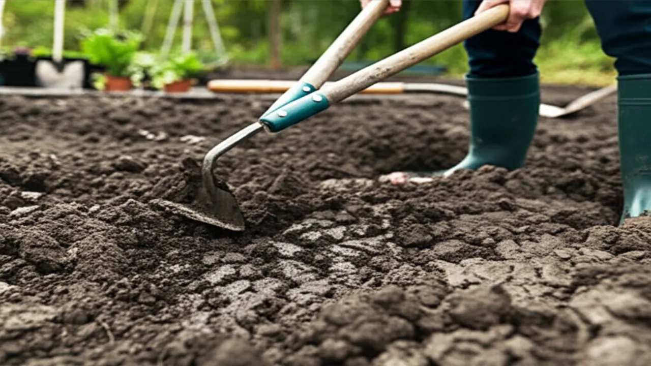 Gardener mistakenly using hand cultivator on wet soil causing soil compaction