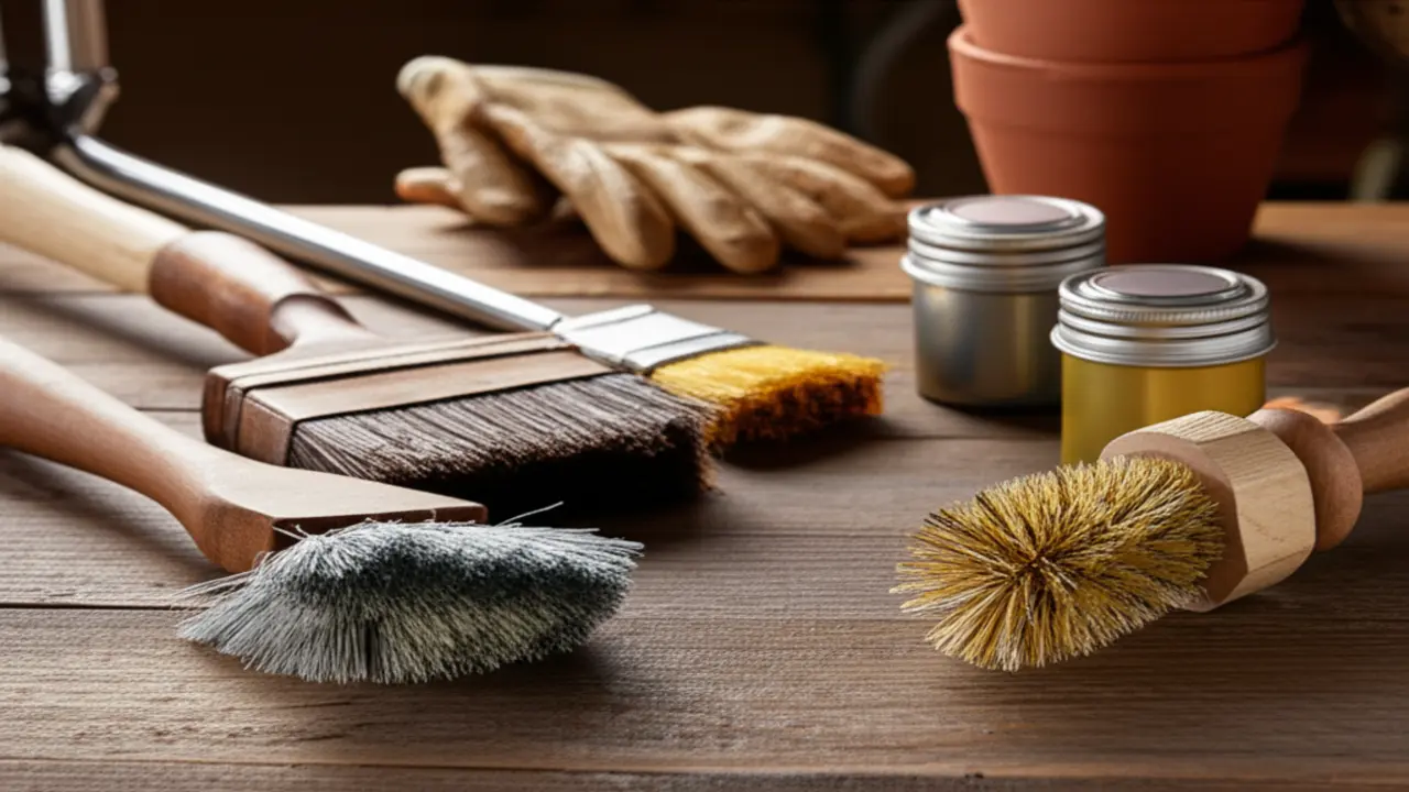 Tools used to clean and maintain hand cultivator tines, featuring brushes and oil.