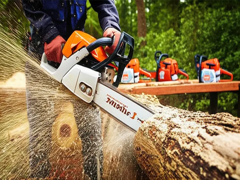 A robust gas chainsaw with a long bar, resting on a freshly cut log amidst a woodland setting, symbolizing power and efficiency.