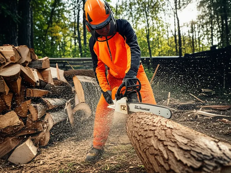 Mastering Firewood Cuts with the Right Chainsaw A person expertly cutting a large log into firewood pieces with a powerful chainsaw, surrounded by a pile of neatly stacked logs.