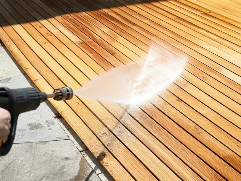 A person pressure washing a deck, demonstrating proper distance and angle with a fan nozzle, avoiding damage.